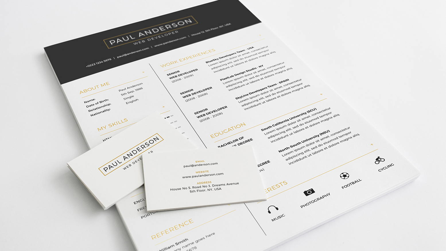 Consistent business card and resume design by Tamzid Hasan. Business card and resume design